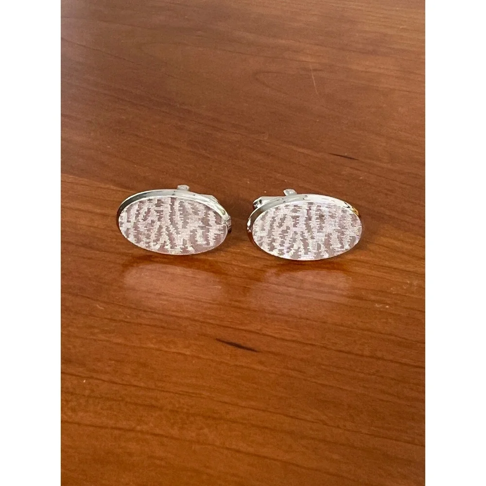 Men Silver Tone Textured Oval Cufflinks and Tie Tack Set Formal Wedding Business